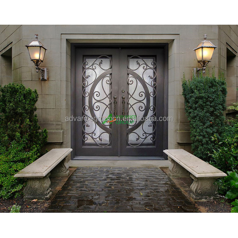 French exterior double glass wrought iron doors/security wrought iron double entry doors