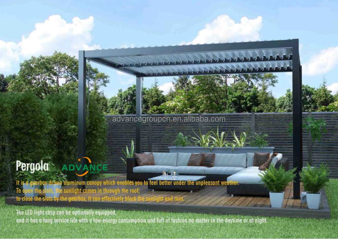 Modern Designs Swimming Pool Electric Pergola Roof With Side Sun Screen electric aluminum pergola outdoor