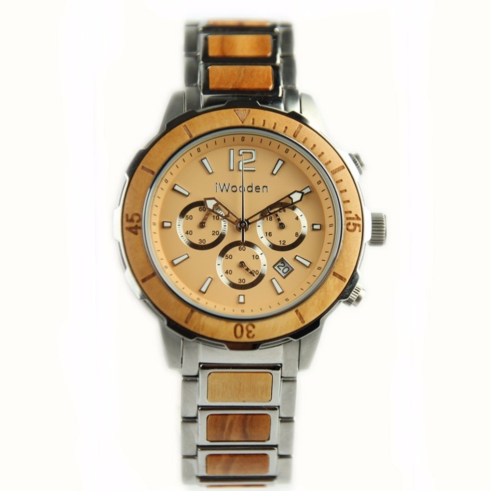 2018 CE certificate black stainless steel inlay olive wood wristwatch OEM chronograph quartz watch for men and women