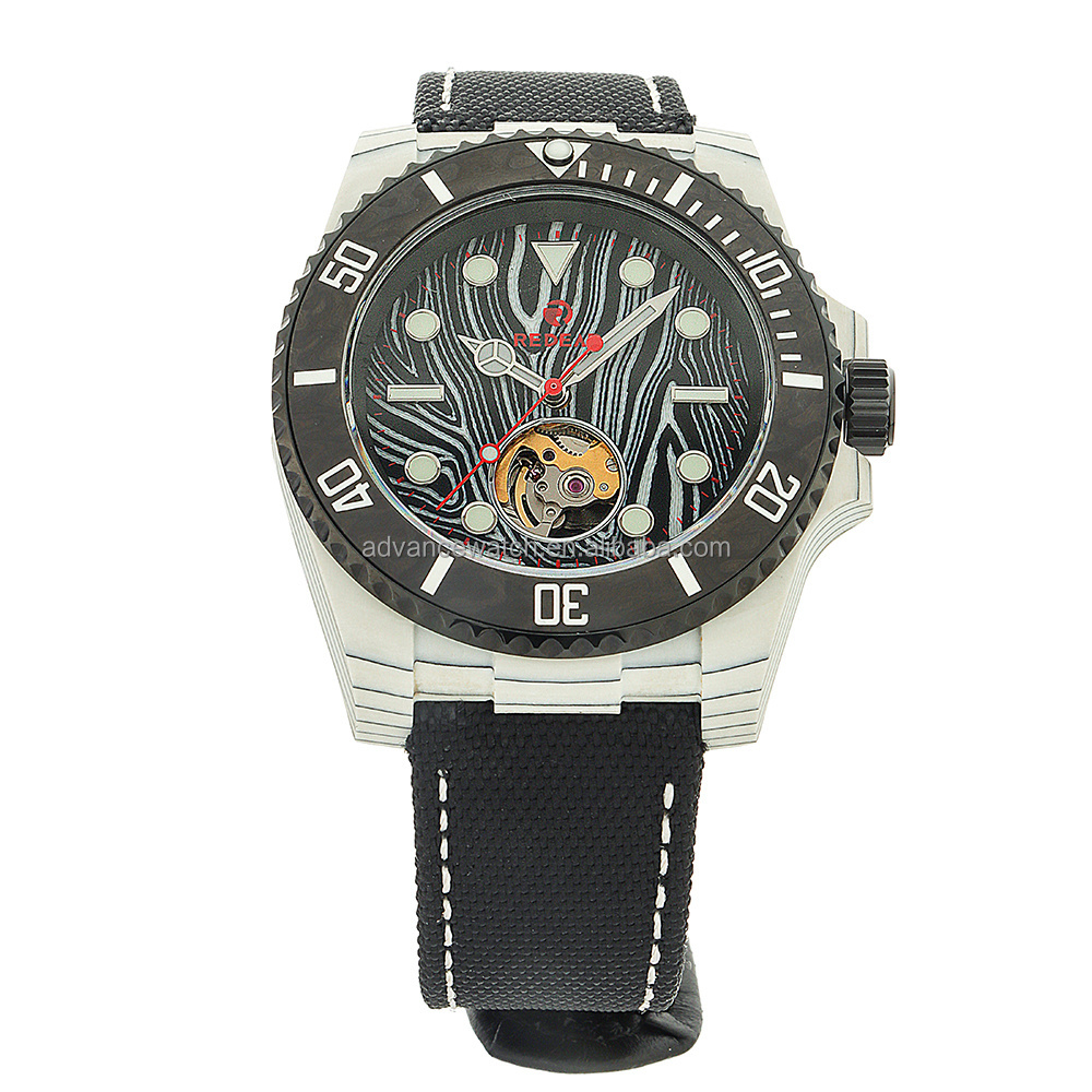 Luxury Carbon Fiber OEM  Mechanical Man Watch Nylon Strap Watch Low MOQ 100pcs Accept Custom Made with Own Watch Case Factory