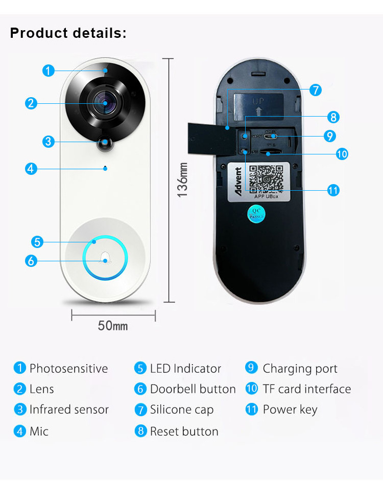 WIFI Video Doorbell with Intercom Camera and Indoor Ding Dong Chime Receiver 1080p Wifi APP Ubox Control