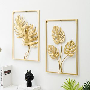 Dropshipping Interior 3d Luxury Hanging Gold Leaves Home Art Framed Metal Wall Decor for Living Room