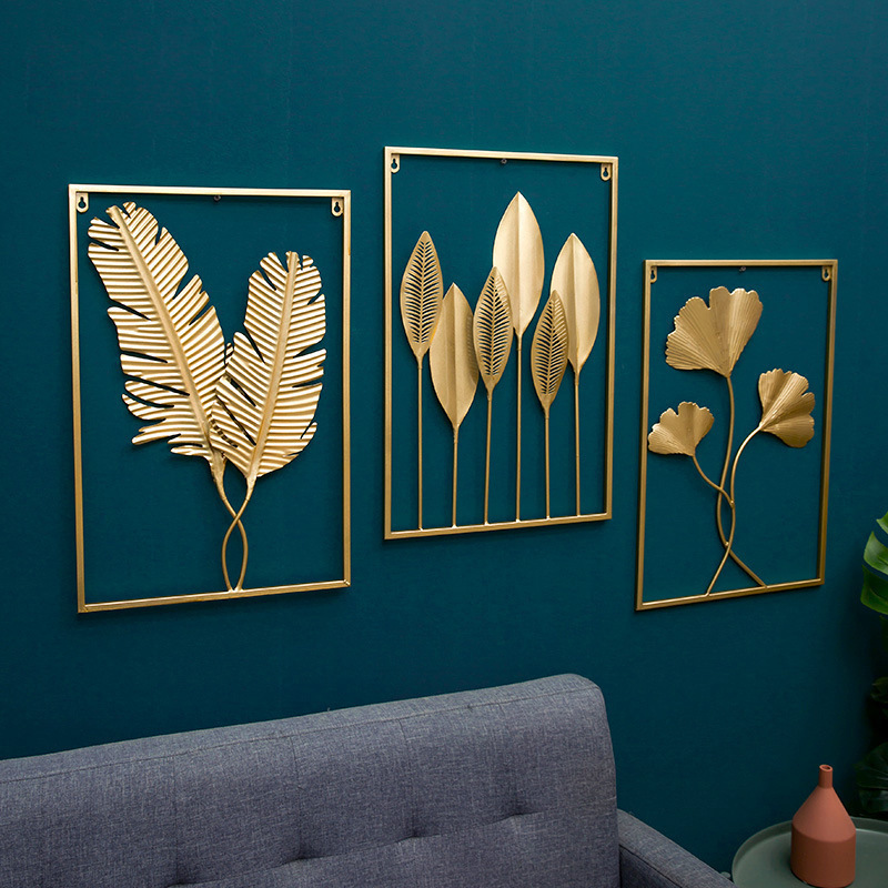 Dropshipping Interior 3d Luxury Hanging Gold Leaves Home Art Framed Metal Wall Decor for Living Room