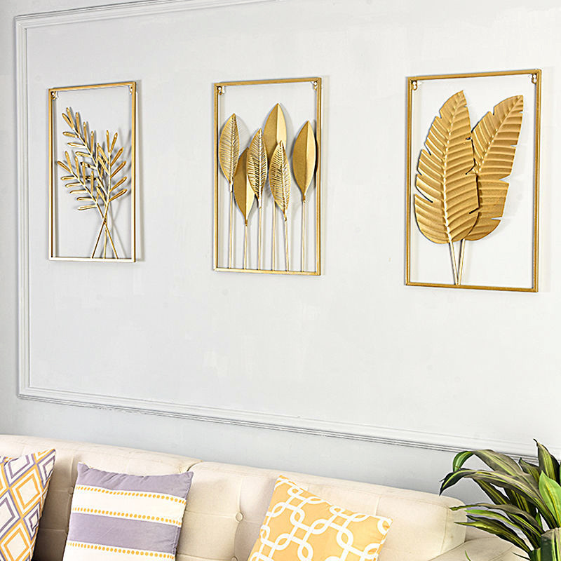 Dropshipping Interior 3d Luxury Hanging Gold Leaves Home Art Framed Metal Wall Decor for Living Room