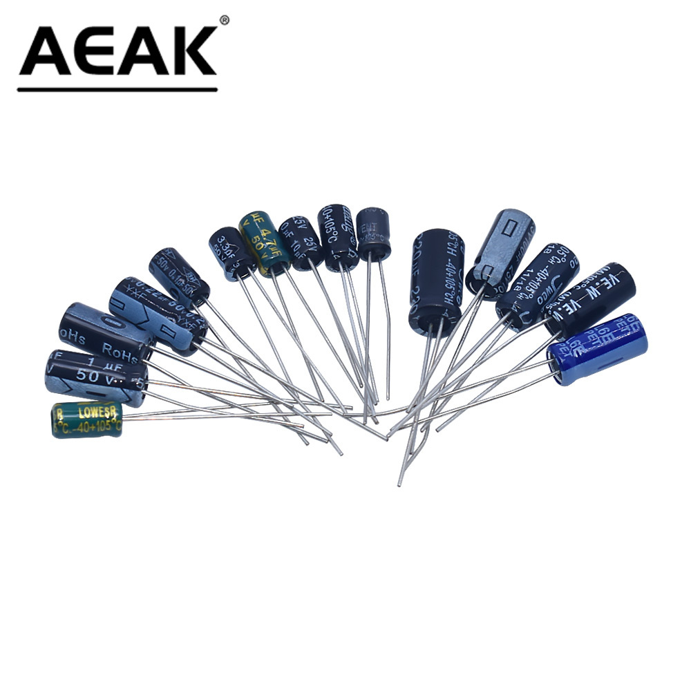 AEAK 200pcs/lot 15 Values Radial electrolytic capacitor starter kit 10V/16V/25V/50V capacitor pack 0.1uF-220uF Assortment Kit