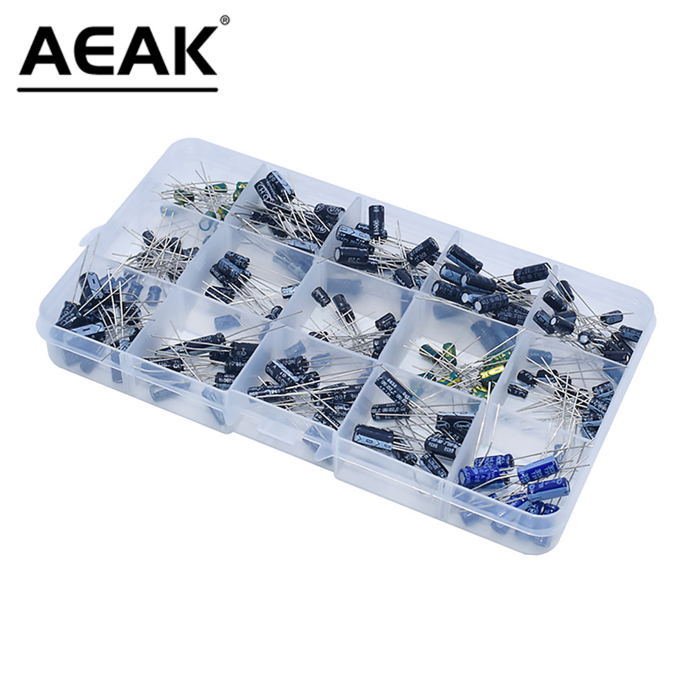 AEAK 200pcs/lot 15 Values Radial electrolytic capacitor starter kit 10V/16V/25V/50V capacitor pack 0.1uF-220uF Assortment Kit