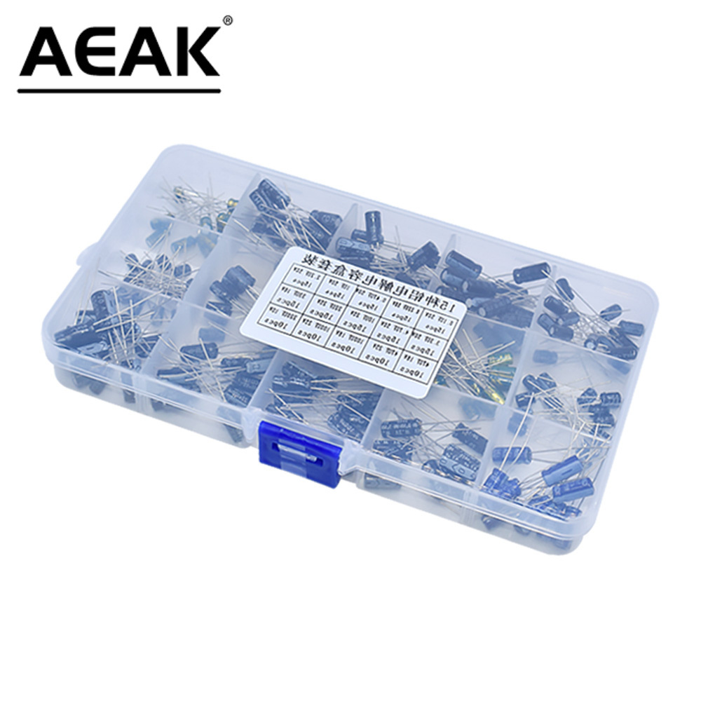 AEAK 200pcs/lot 15 Values Radial electrolytic capacitor starter kit 10V/16V/25V/50V capacitor pack 0.1uF-220uF Assortment Kit