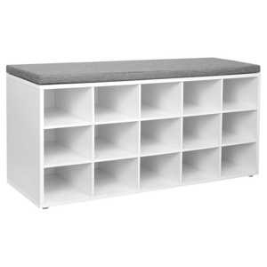 Multi-capacity Storage Shoe Rack 15-Cube Storage Bench White Assembled Plaid Shoe Rack with Seat Cushion