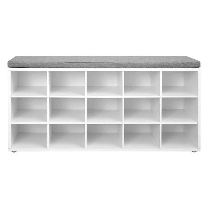 Multi-capacity Storage Shoe Rack 15-Cube Storage Bench White Assembled Plaid Shoe Rack with Seat Cushion