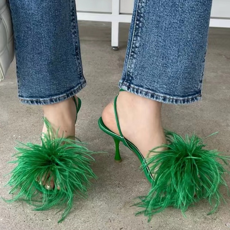 Ins Stylish Light Strap Sandals 2022 Spring Summer Feather Fur New Styles High Heels Buckle Open Toe Shoes for Women