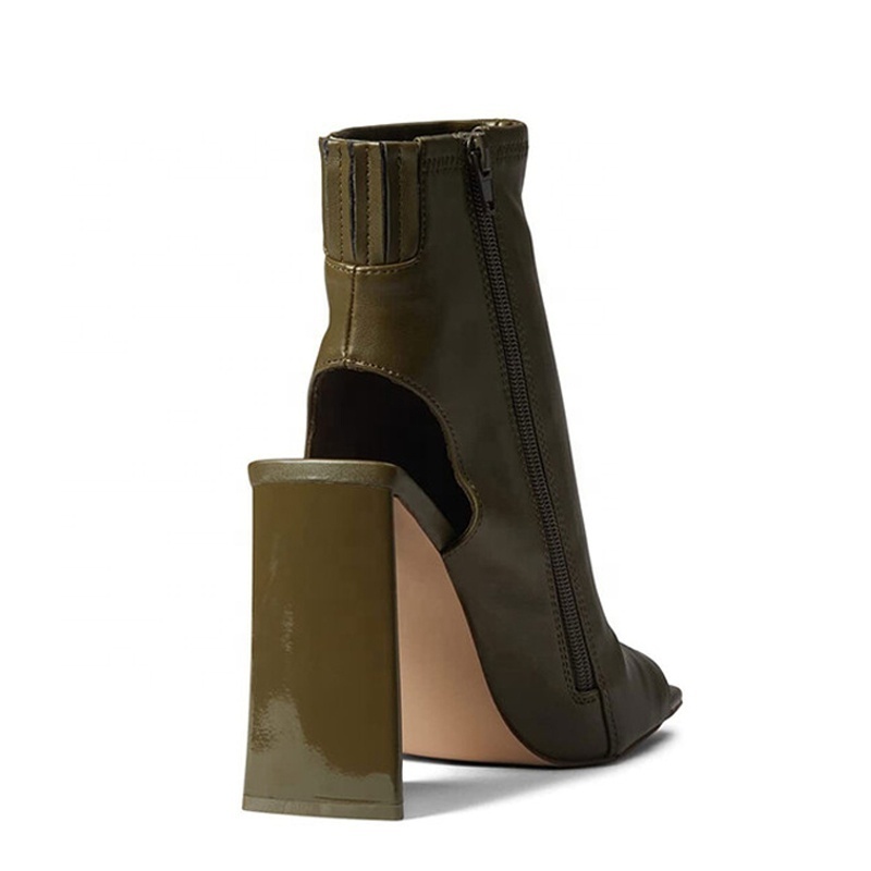 Real Leather  Open Toe  High Chunky Heel Short Boots Army Green Ankle Booty Women Triangle Heels Sandals Summer Shoes