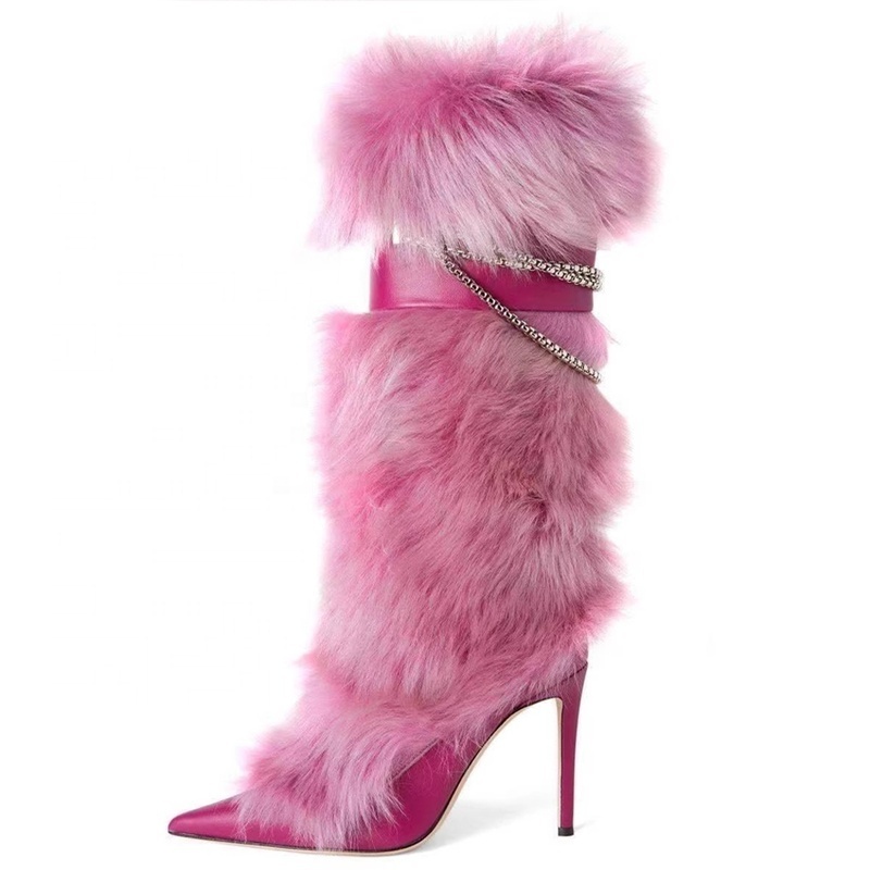 Custom Plush Women High Heels Fur Long Booties Metal Chain Slip On Fluffy Knee High Boots Winter Furry Snow Shoes