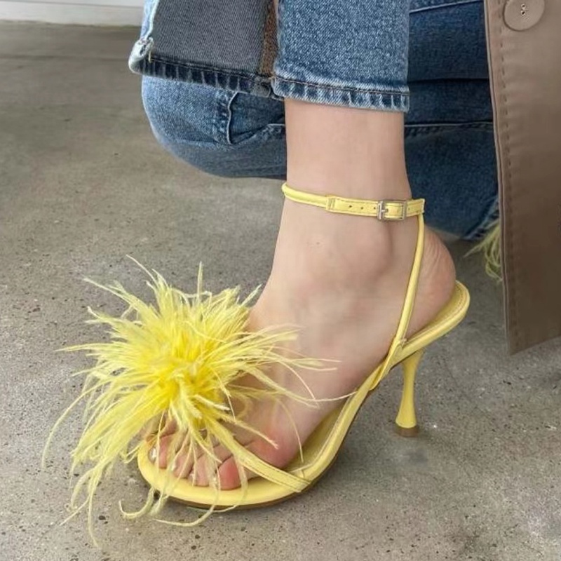 Ins Stylish Light Strap Sandals 2022 Spring Summer Feather Fur New Styles High Heels Buckle Open Toe Shoes for Women