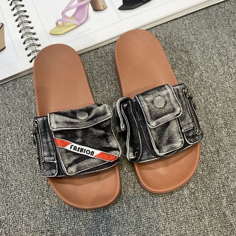 Women's Denim Pockets Round Open Toe Slides Flat Bottom Casual Sandals Retro Soft Sole Slippers Large Size 46 Shoes