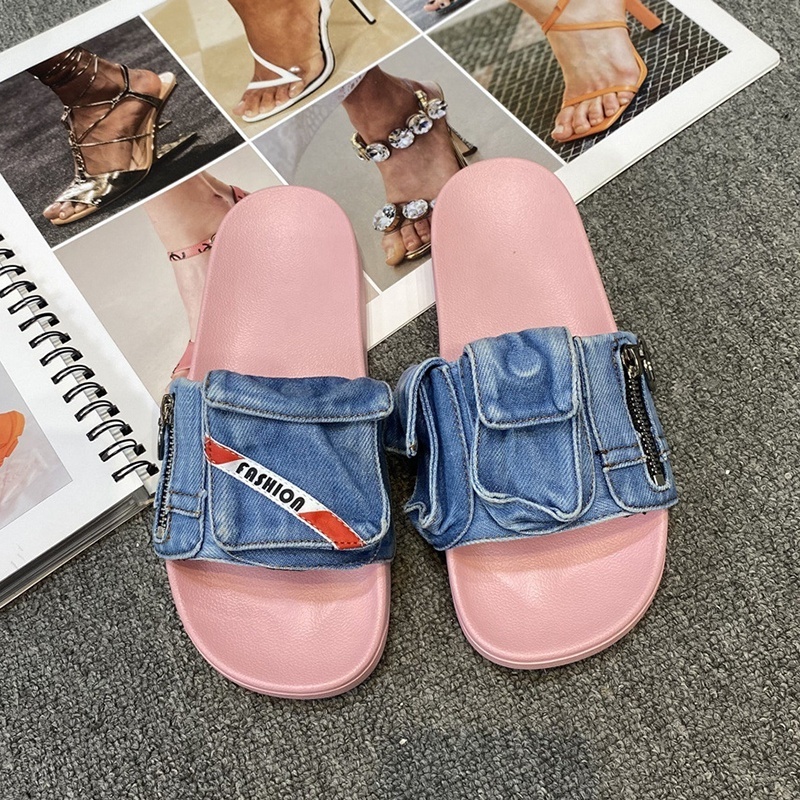 Women's Denim Pockets Round Open Toe Slides Flat Bottom Casual Sandals Retro Soft Sole Slippers Large Size 46 Shoes