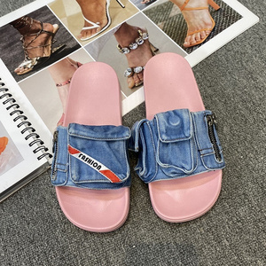 Women's Denim Pockets Round Open Toe Slides Flat Bottom Casual Sandals Retro Soft Sole Slippers Large Size 46 Shoes