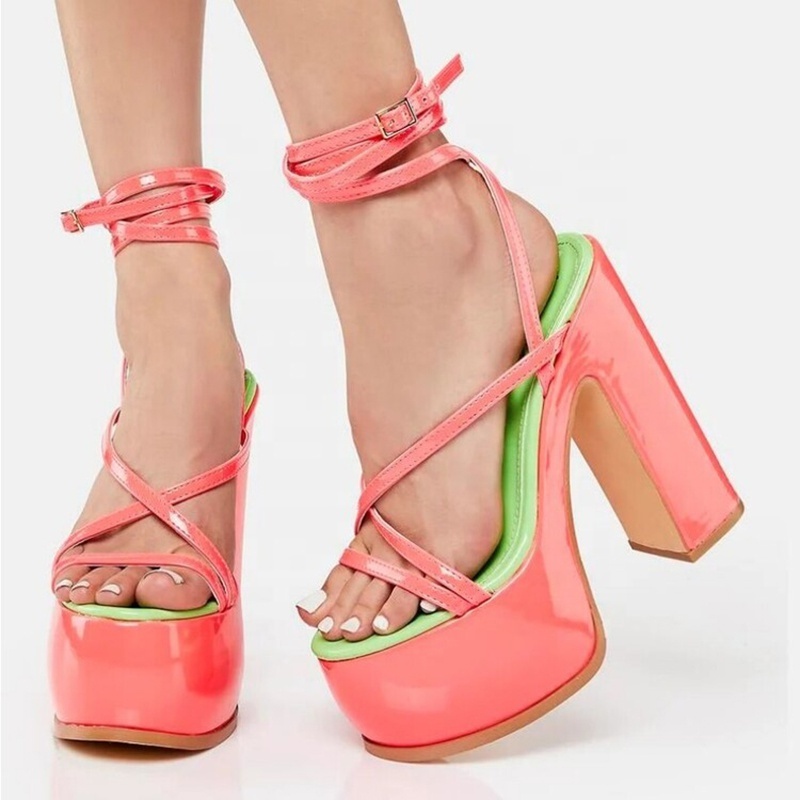 High Platform Women Pink Cross Straps Sandals High Chunky Heels Summer Shoes Ladies Thick Sole Causal Pumps