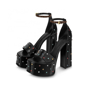 Women Thick Platform Sandals Square Open Toe High Chunky Heels Colorful Diamonds Summer Black  Shoes Custom Colors