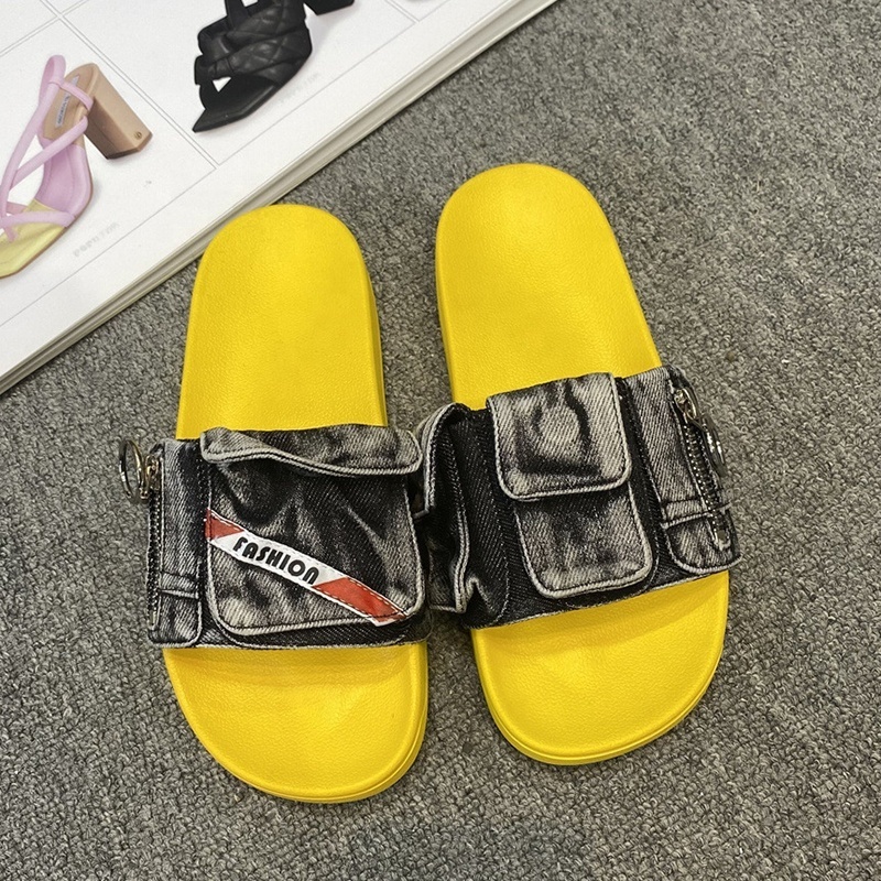 Women's Denim Pockets Round Open Toe Slides Flat Bottom Casual Sandals Retro Soft Sole Slippers Large Size 46 Shoes