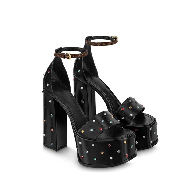 Women Thick Platform Sandals Square Open Toe High Chunky Heels Colorful Diamonds Summer Black  Shoes Custom Colors