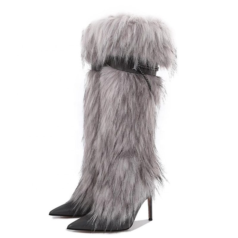 Custom Plush Women High Heels Fur Long Booties Metal Chain Slip On Fluffy Knee High Boots Winter Furry Snow Shoes