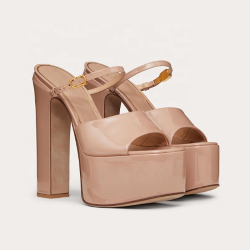 Women High Chunky Heels Thick Platform Sandals Square Peep Toe Slip On Front Strap Shoes Outdoor Patent Mules