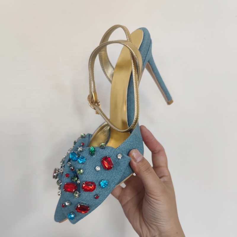 Colorful Diamonds Women Denim Sandals Blue Butterfly Stiletto High Heels Pointy Toe Ankle Straps Jeans Shoes