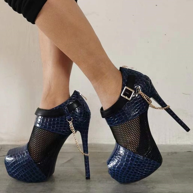 14cm heels women stiletto dress shoes extreme high platform heels fishnet sandals summer metallic chain peep toe pumps for women