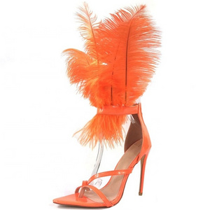 Custom Large Size Stiletto  Feather Upper Women Sandals High Heels Pumps T-stage Party Shoes