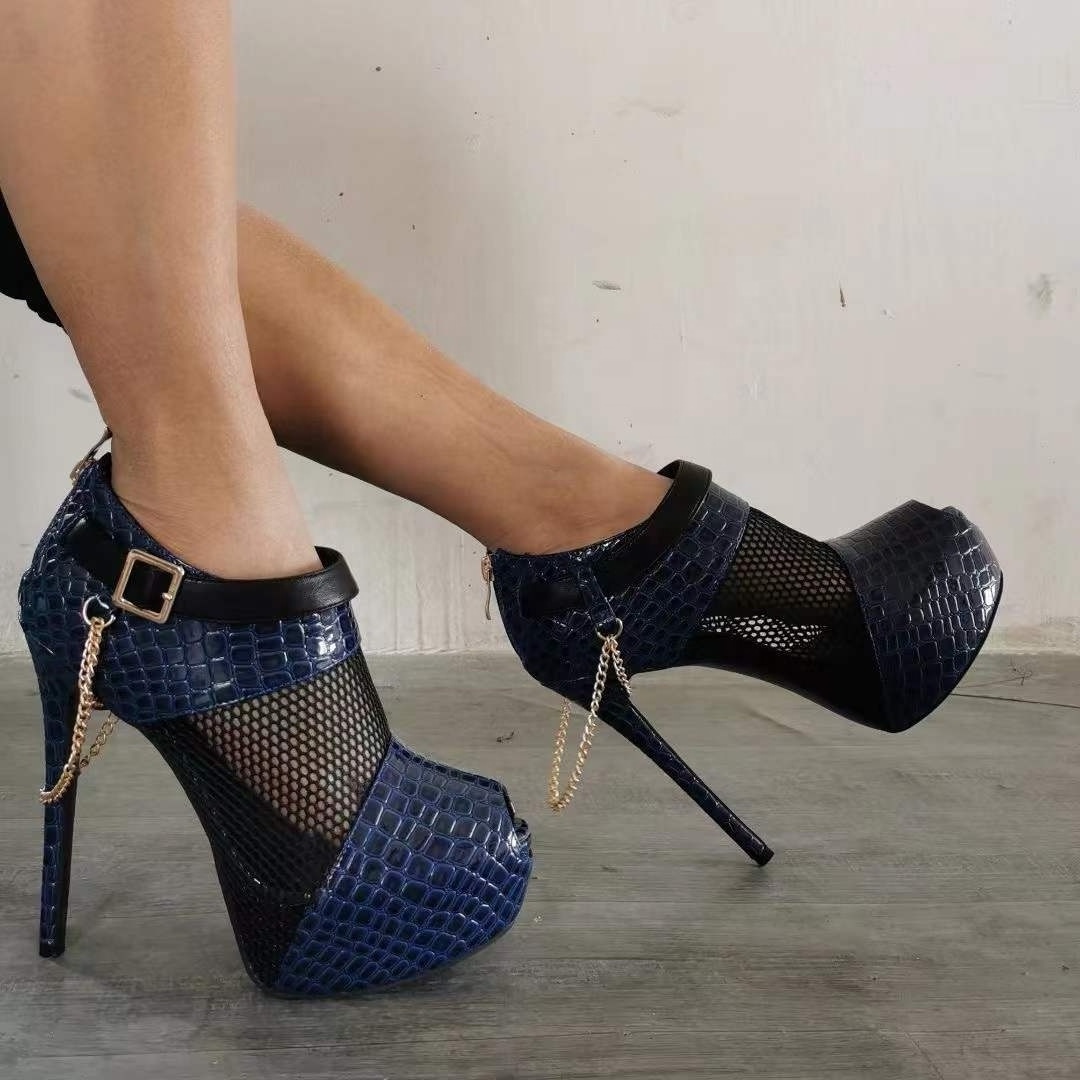 14cm heels women stiletto dress shoes extreme high platform heels fishnet sandals summer metallic chain peep toe pumps for women