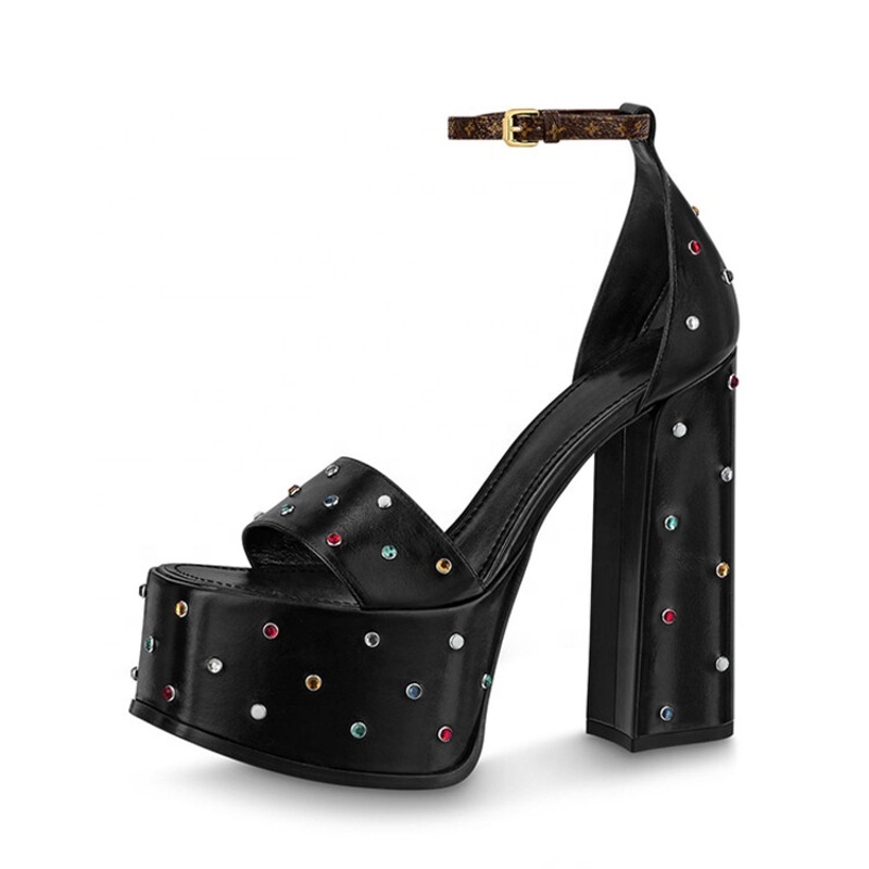 Women Thick Platform Sandals Square Open Toe High Chunky Heels Colorful Diamonds Summer Black  Shoes Custom Colors