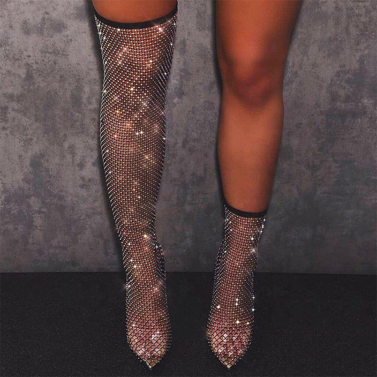 hot sale sexy big size 45 high-heeled thigh high summer boots custom made sexy pointed toe black diamante fishnet long boots