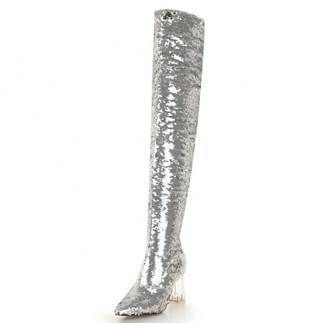 High Square Transparent Heel Thigh High Women Boots Shiny Glitter Over Knee Winter Women Shoes Super Long Boots