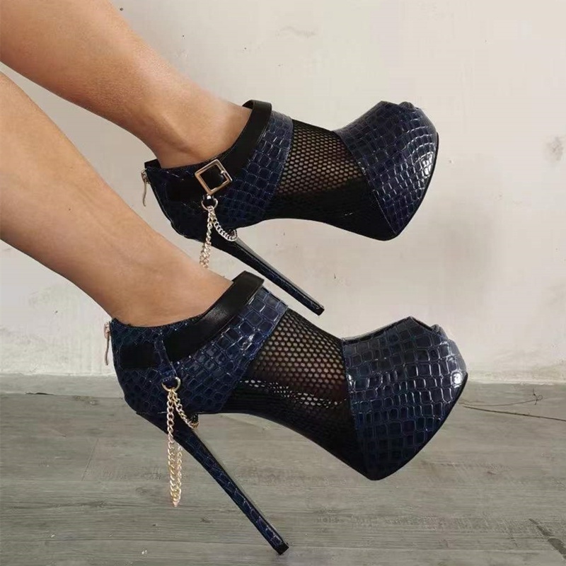 14cm heels women stiletto dress shoes extreme high platform heels fishnet sandals summer metallic chain peep toe pumps for women