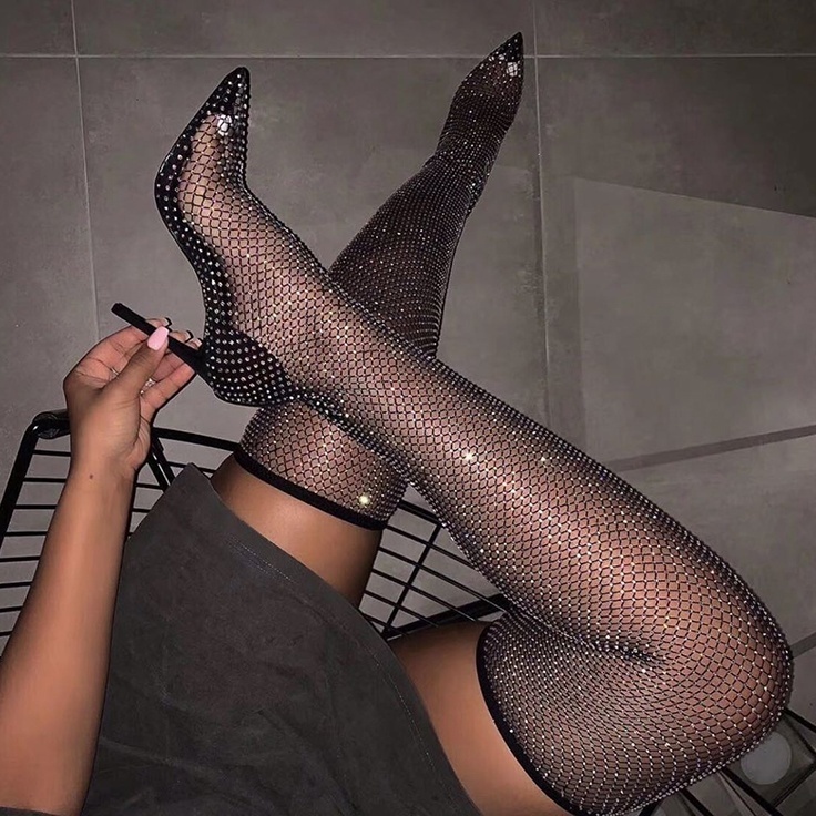 hot sale sexy big size 45 high-heeled thigh high summer boots custom made sexy pointed toe black diamante fishnet long boots