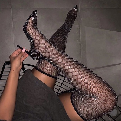 hot sale sexy big size 45 high-heeled thigh high summer boots custom made sexy pointed toe black diamante fishnet long boots