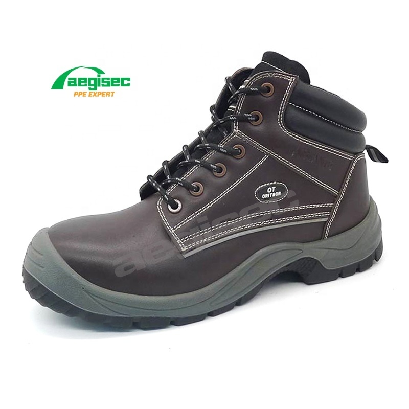 AEGISEC brown cow leather slip oil resistant PU sole steel toe safety shoes S3 metallic plate safety boots men work industrial