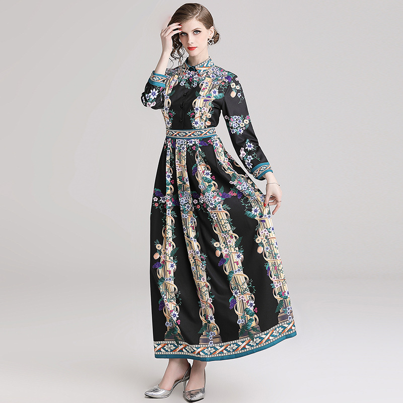 Wholesale Long Sleeve Runway High Waist Floral Print A-Line Maxi Dress Fall Fashion Thailand 2022 Women Ladies One Piece Dress