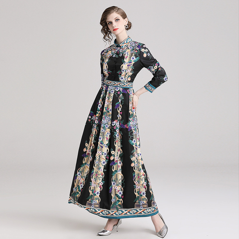 Wholesale Long Sleeve Runway High Waist Floral Print A-Line Maxi Dress Fall Fashion Thailand 2022 Women Ladies One Piece Dress