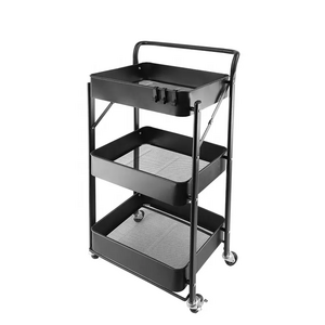 Black metal storage trolley cart 3 layers kitchen storage shelf organizer folded kitchen storage trolley