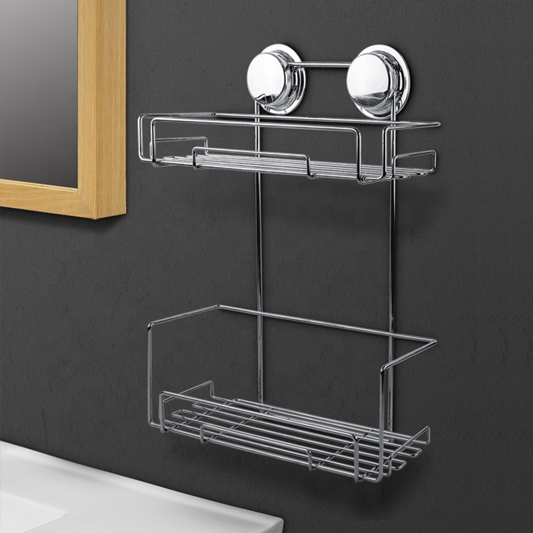 High Quality Bathroom Shower Caddy Stainless Steel 2 Tiers Suction Cup Bathroom Storage Rack Kitchen Organizer