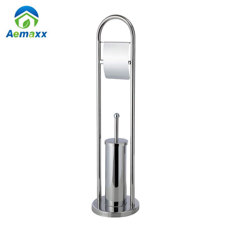 Floor standing stainless steel toilet brush and paper holder for home or hotel use