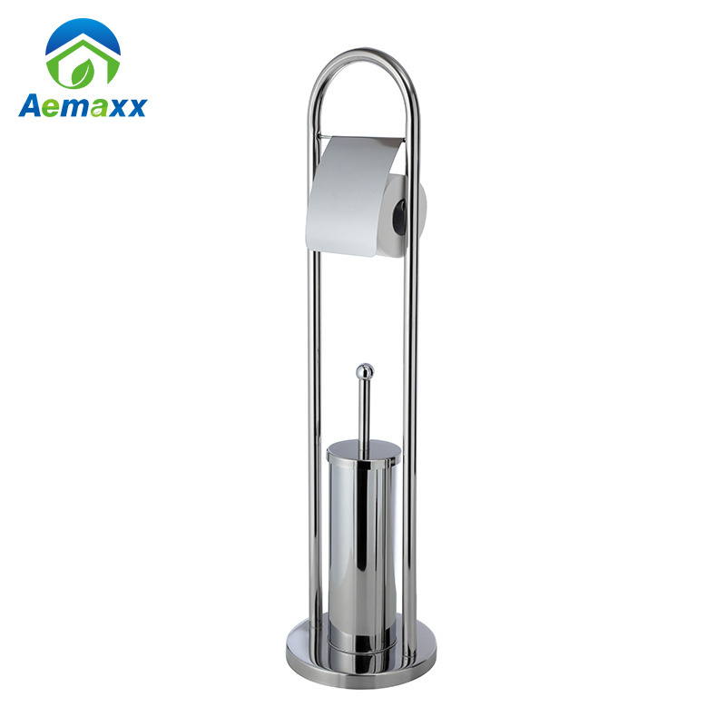 Floor standing stainless steel toilet brush and paper holder for home or hotel use