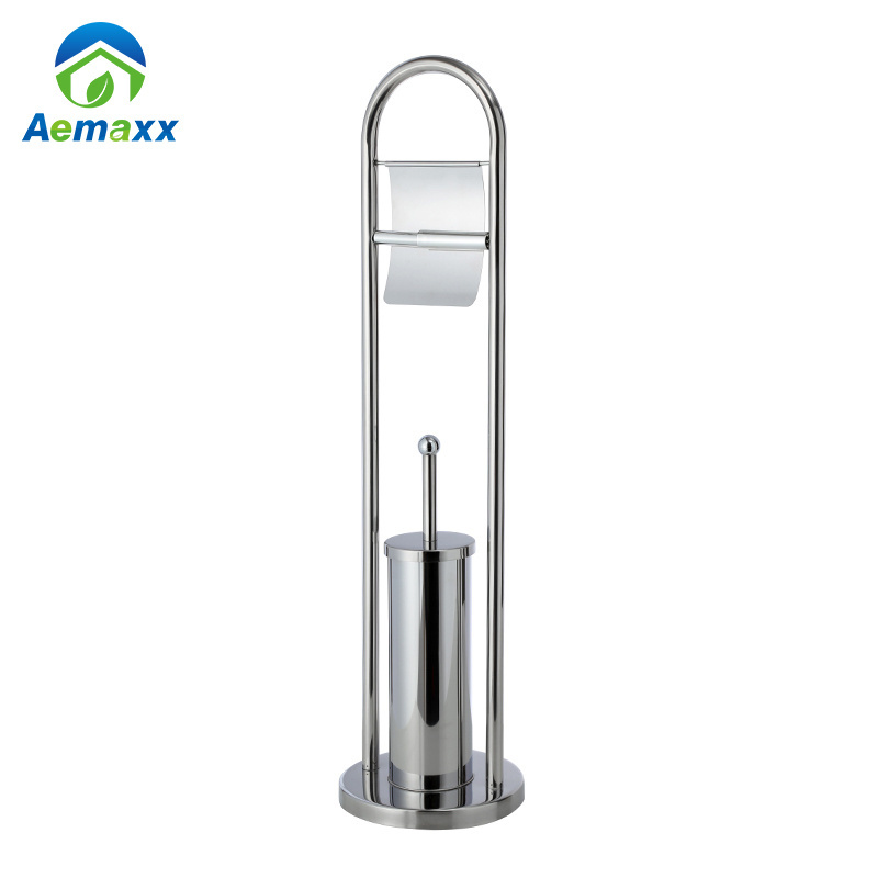 Floor standing stainless steel toilet brush and paper holder for home or hotel use