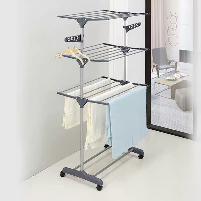 Foldable 3 tier rolling collapsible clothes drying rack stand indoor outdoor dark grey metal laundry rack