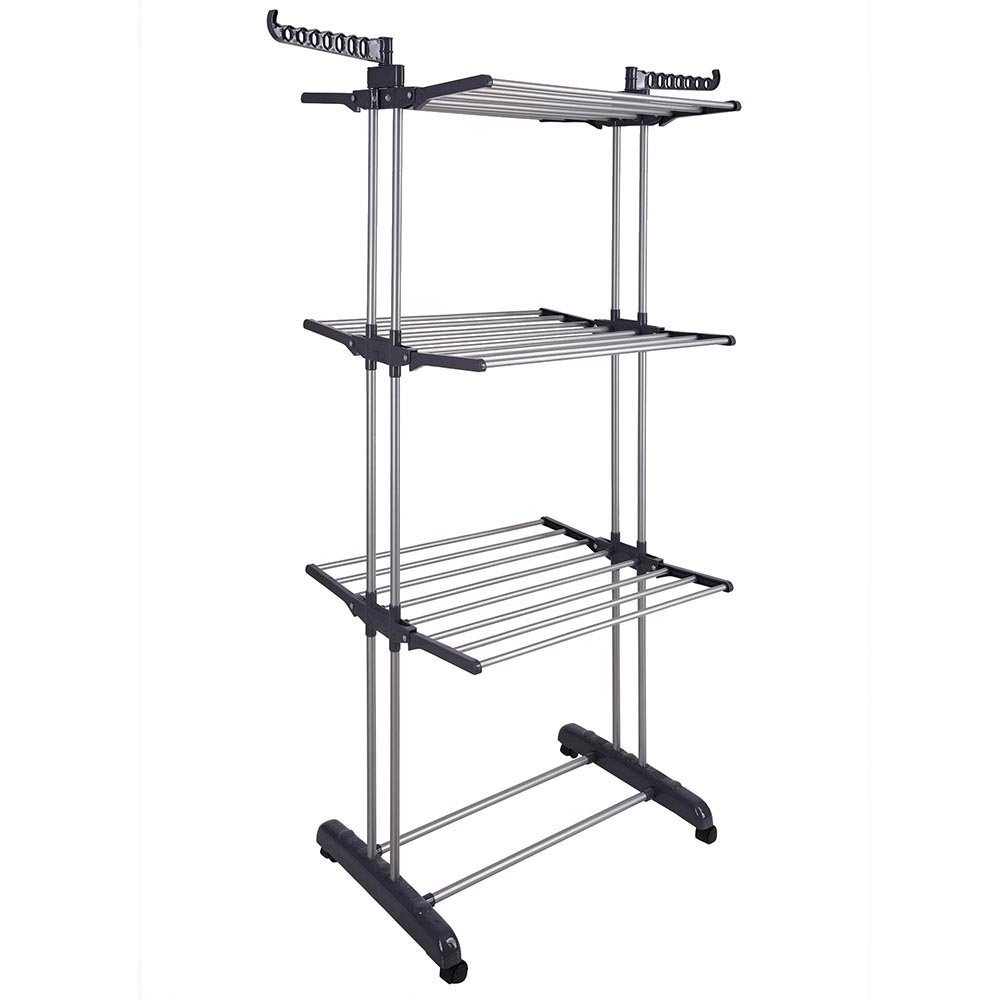 Foldable 3 tier rolling collapsible clothes drying rack stand indoor outdoor dark grey metal laundry rack