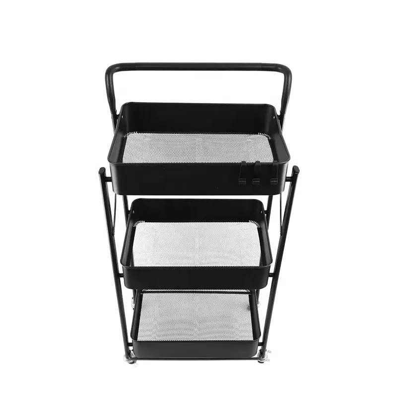 Black metal storage trolley cart 3 layers kitchen storage shelf organizer folded kitchen storage trolley