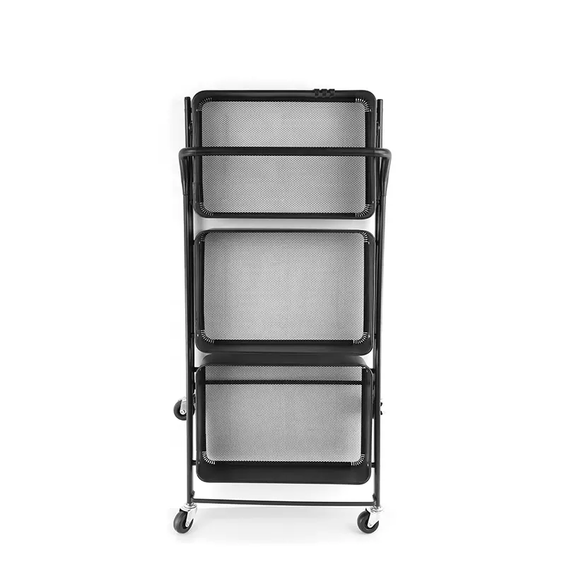 Black metal storage trolley cart 3 layers kitchen storage shelf organizer folded kitchen storage trolley