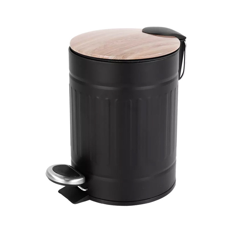 BSCI Soft Closing Foot Pedal Bin 5L Embossed Stainless Steel Trash Can with Bamboo Lid