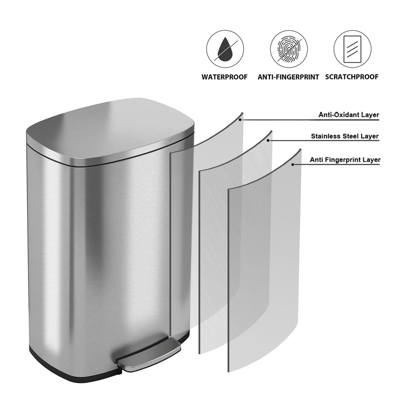 Hot Sales Kitchen Stainless Steel Dustbin 50 Liter 13 Gallon Trash Can with Lid